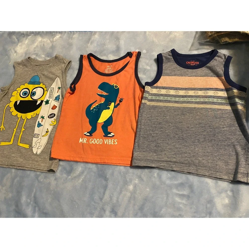 Toddler Boys Tank Top Lot 3pc Carter's OshKosh Okie Dokie 24M 2T Dinosaur Surf